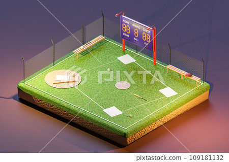 3D isometric render of baseball court with scoreboard 109181132