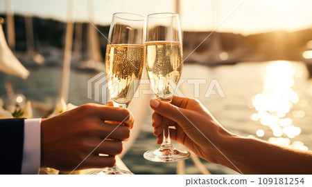 Happy couple woman and man celebrating champagne deck of yacht. Wedding, Party, fun vacation, sea voyages, ocean cruises 109181254