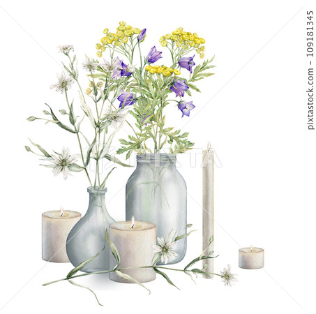 Watercolor tansy and bluebell. Yellow and blue field flower. White stellaria. Bouquet in glass vase composition with candle. Hand drawn illustration isolated on white background. Botanical wildflower 109181345