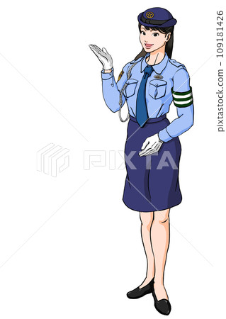 Young female police officer guiding you with a smile_Summer uniform with traffic armband 109181426