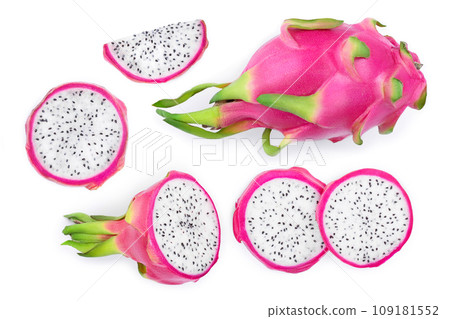 Dragon fruit, Pitaya or Pitahaya isolated on white background. Top view. Flat lay Dragon fruit, Pitaya or Pitahaya isolated on white background. Top view. Flat lay 109181552