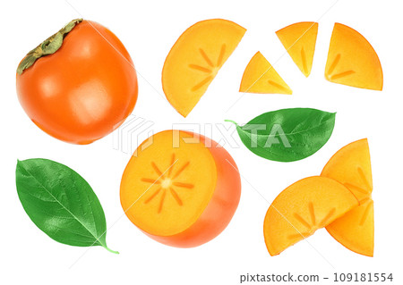 persimmon fruit isolated on white background. Top view. Flat lay pattern persimmon fruit isolated on white background. Top view. Flat lay pattern 109181554