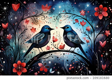 Whimsical Love Birds. Romantic illustration of adoring birds amidst hearts and blossoms Whimsical Love Birds. Romantic illustration of adoring birds amidst hearts and blossoms 109181680