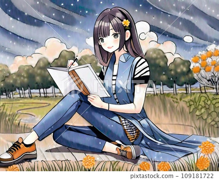 公園裡畫畫的女孩 109181722