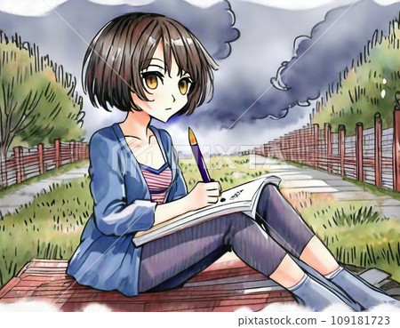 公園裡畫畫的女孩 109181723