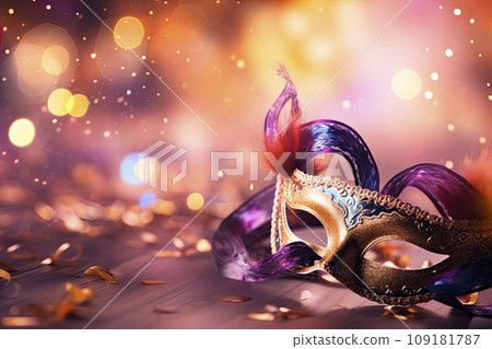 Carnival Party.Venetian Mask With colorful and Abstract Defocused Bokeh Lights. Copy space Carnival Party.Venetian Mask With colorful and Abstract Defocused Bokeh Lights. Copy space 109181787