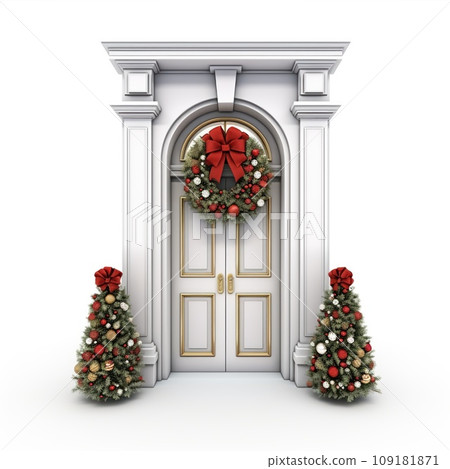A wooden door decorated for Christmas isolated on white background. A wooden door decorated for Christmas isolated on white background. 109181871