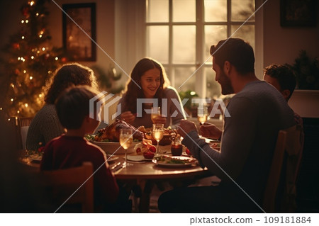 holidays, celebration and people concept - happy family having Christmas dinner at home. holidays, celebration and people concept - happy family having Christmas dinner at home. 109181884