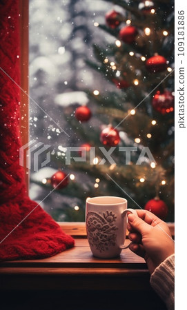Woman hands in warm sweater holding stylish mug at illumination bokeh Woman hands in warm sweater holding stylish mug at illumination bokeh 109181886