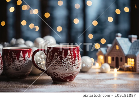 A Cup of hot drink on wooden table. Street coffee shop. Christmas winter atmosphere. A mug of tea or mulled wine. A Cup of hot drink on wooden table. Street coffee shop. Christmas winter atmosphere. A mug of tea or mulled wine. 109181887