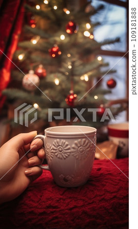 Woman hands in warm sweater holding stylish mug at illumination bokeh Woman hands in warm sweater holding stylish mug at illumination bokeh 109181888