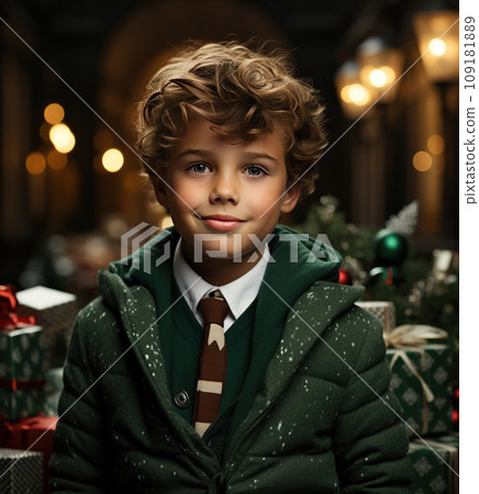 A boy at the background of Christmas tree with baubles. Holidays and childhood concept A boy at the background of Christmas tree with baubles. Holidays and childhood concept 109181889