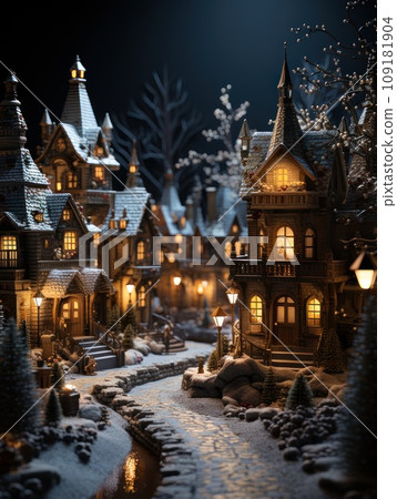 Miniature Street in a Christmas nigh. Winter in the tiny model of old town. 109181904