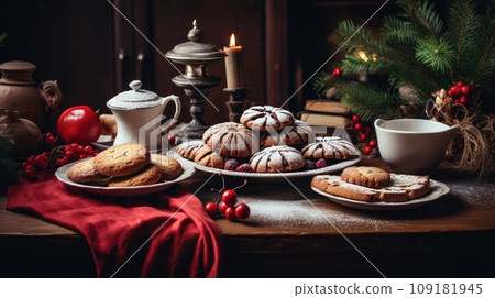 Tasty homemade Christmas cookies on the table. Gingerbread. Christmas holiday treats. 109181945