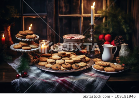 Tasty homemade Christmas cookies on the table. Gingerbread. Christmas holiday treats. 109181946