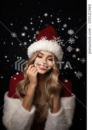 Beautiful girl in a Santa Claus hat. Blonde model beauty portrait. 109181968