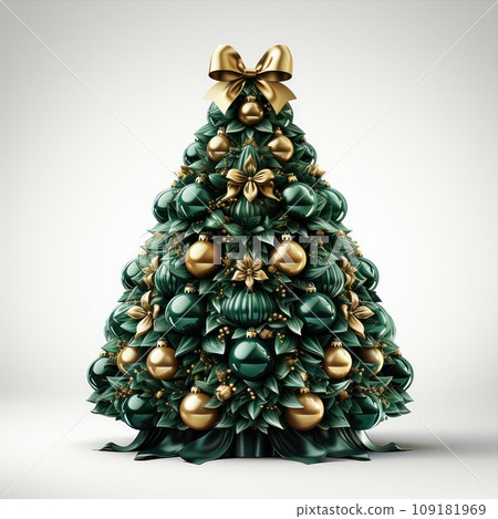 Christmas Tree decorated with green xmas balls isolated on white background 109181969