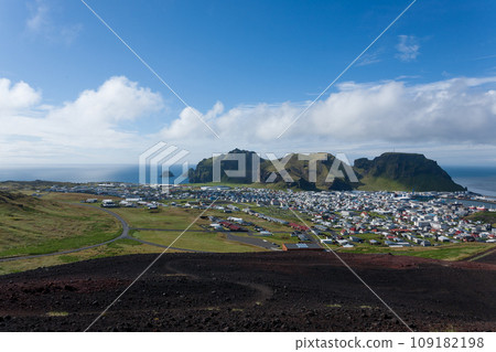 Heimaey town aerial view from Eldfell volcano. 109182198