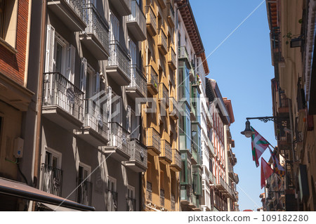 Pamplona city center, colorful facade in Castle plaza, Spain Pamplona city center, colorful facade in Castle plaza, Spain 109182280