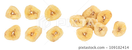 Dried banana chips isolated on white background with full depth of field. Top view. Flat lay Dried banana chips isolated on white background with full depth of field. Top view. Flat lay 109182414