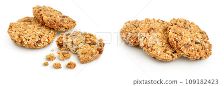 Granola cookie isolated on white background with full depth of field. Granola cookie isolated on white background with full depth of field. 109182423