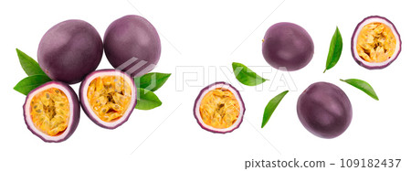 passion fruits and a half with leaves isolated on white background. Isolated maracuya. Top view. Flat lay 109182437