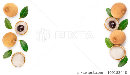 Fresh longan fruit with leaves isolated on white background. Top view. Flat lay Fresh longan fruit with leaves isolated on white background. Top view. Flat lay 109182448