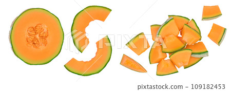 Cantaloupe melon isolated on white background with full depth of field. Top view. Flat lay 109182453