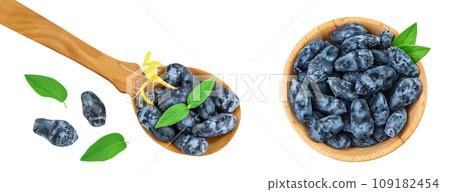 Fresh honeysuckle blue berry in wooden bowl and spoon isolated on white background with full depth of field. Top view. Flat lay 109182454