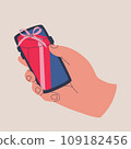 Human hand holds smartphone. Receiving gifts on web page or mobile phone app. Vector isolated illustration for design. 109182456