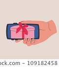 Human hand holds smartphone horizontal. Receiving gifts on web page or mobile phone app. Vector isolated illustration for design. 109182458