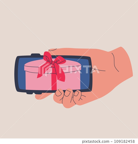 Human hand holds smartphone horizontal. Receiving gifts on web page or mobile phone app. Vector isolated illustration for design. Human hand holds smartphone horizontal. Receiving gifts on web page or mobile phone app. Vector isolated illustration for design. 109182458
