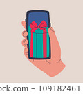 Human hand holds smartphone. Receiving gifts on web page or mobile phone app. Vector isolated illustration for design. 109182461