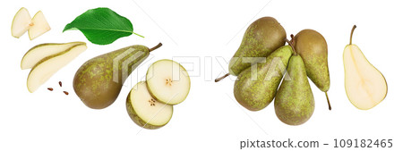 Green conference pear isolated on white background with full depth of field, Top view with copy space for your text. Flat lay 109182465