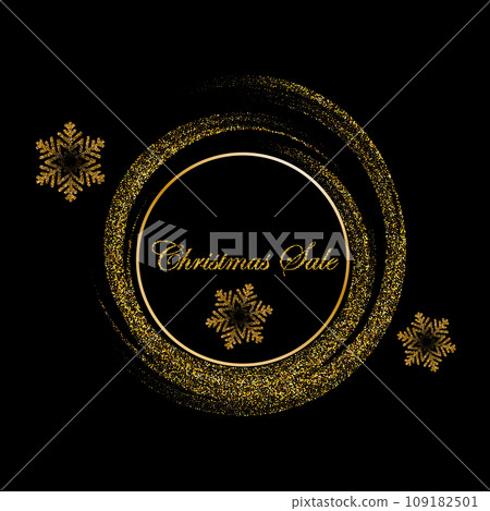 Festive banner for Christmas sale, frame in the form of a circle of gold fine dust and gold snowflakes on a black background. Festive banner for Christmas sale, frame in the form of a circle of gold fine dust and gold snowflakes on a black background. 109182501