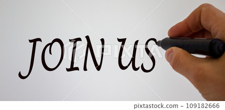 Hand writing 'join us', isolated on white background. Hand writing 'join us', isolated on white background. 109182666