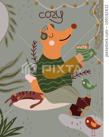 Cute illustration with red fox drinking hot tea and listening to music, lazy cat, bird. Perfect vector design for posters, greeting cards and various creative projects. Vector 109182832