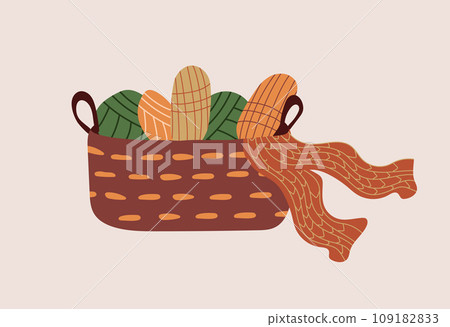 Yarn for knitting in a wicker basket, balls of woolen yarn for needlework, knitting and crocheting. Banner with threads is ideal for posters, greeting cards and various creative projects. 109182833