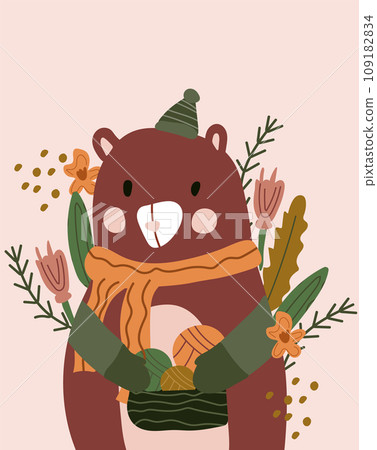 A cute bear in a hat and wrapped in a scarf is holding a basket with threads. Forest stylish animals. Flat leaves, flowers around. Ideal for posters, greeting cards and various creative projects. A cute bear in a hat and wrapped in a scarf is holding a basket with threads. Forest stylish animals. Flat leaves, flowers around. Ideal for posters, greeting cards and various creative projects. 109182834