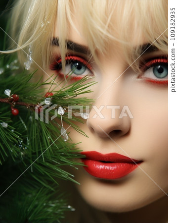 Young beautiful girl with blue eyes and  Christmas decor made from fir branches and red berries. 109182935