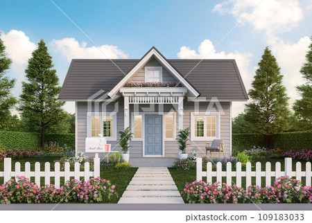 iny house exterior with colorful flower garden 3d render 109183033
