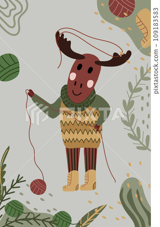 A funny stylish deer in a scarf and a knitted drill holds threads. Forest trending animals. Ideal for posters, greeting cards and various creative projects.Vector A funny stylish deer in a scarf and a knitted drill holds threads. Forest trending animals. Ideal for posters, greeting cards and various creative projects.Vector 109183583