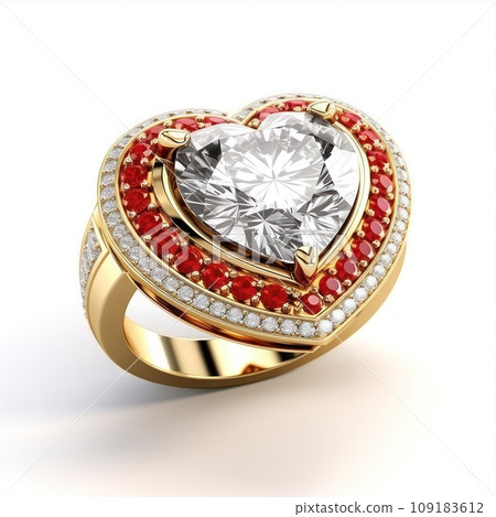 Diamond Ring in shape of heart Yellow Gold Isolated on White Background. Diamond Ring in shape of heart Yellow Gold Isolated on White Background. 109183612