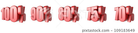 70, 75, 80, 90, 100 Red percent signs 3D 70, 75, 80, 90, 100 Red percent signs 3D 109183649