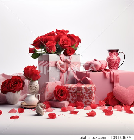 Time for Valentine's Day Concept. Romantic objects isolated on white background. Time for Valentine's Day Concept. Romantic objects isolated on white background. 109183679
