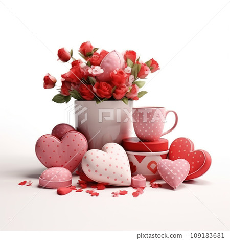 Time for Valentine's Day Concept. Romantic objects isolated on white background. Time for Valentine's Day Concept. Romantic objects isolated on white background. 109183681