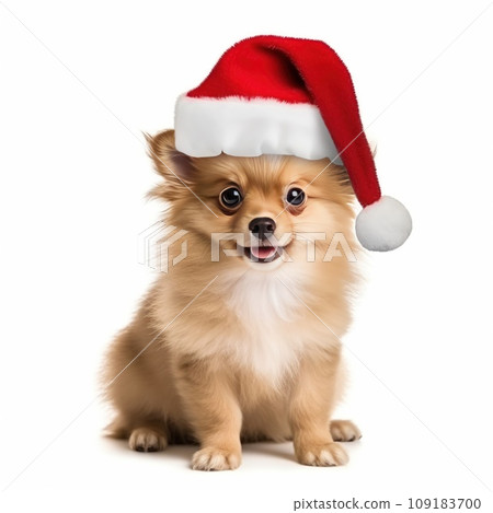 Dog in Santa Claus xmas red hat on white background. Dog in Santa Claus xmas red hat on white background. 109183700