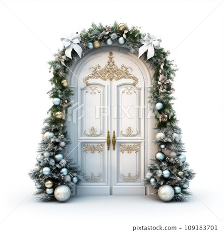 A wooden door decorated for Christmas isolated on white background. 109183701