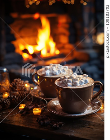 A mug of hot cocoa with marshmallows and spices is on a wooden table with candles. A mug of hot cocoa with marshmallows and spices is on a wooden table with candles. 109183702