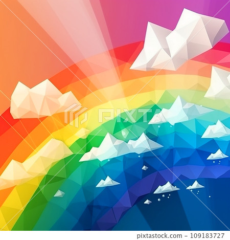 Sky with rainbow and white clouds, polygonal graphics, bright background, creative wallpaper 109183727